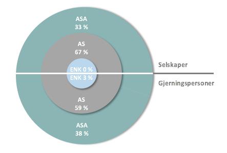 Selskapsform Videre gjaldt ti av de 15 sakene aksjeselskap (67%) og de resterende fem allmennaksjeselskap (33%). Enkeltmannsforetak var ikke representert i det hele tatt.