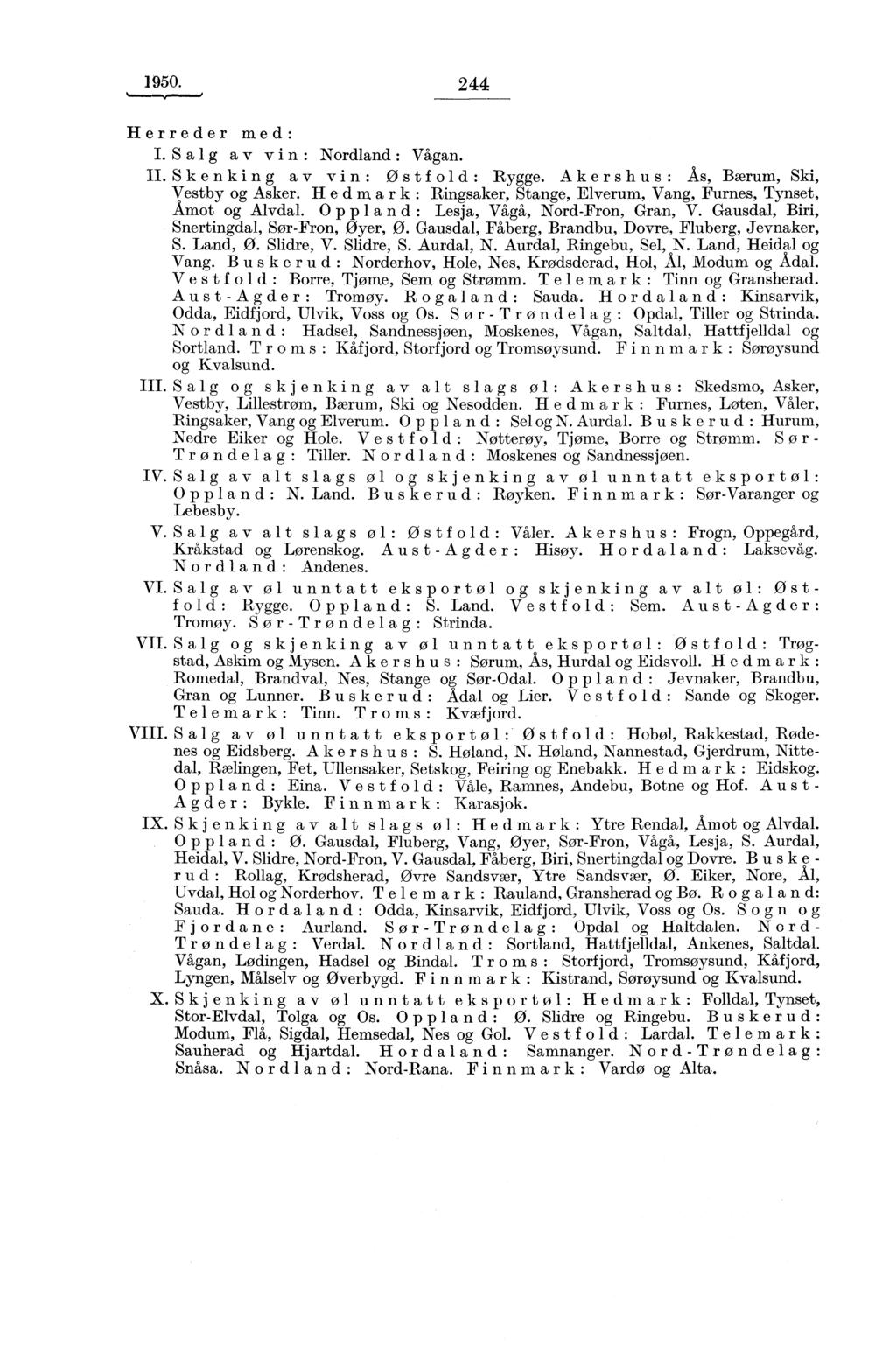 1950. 244 Herreder med: I. Salg av vin: Nordland : Vågan. II.Skenking av vin: Østfold: Rygge. Akershus: As, Bærum, Ski, Vestby og Asker.