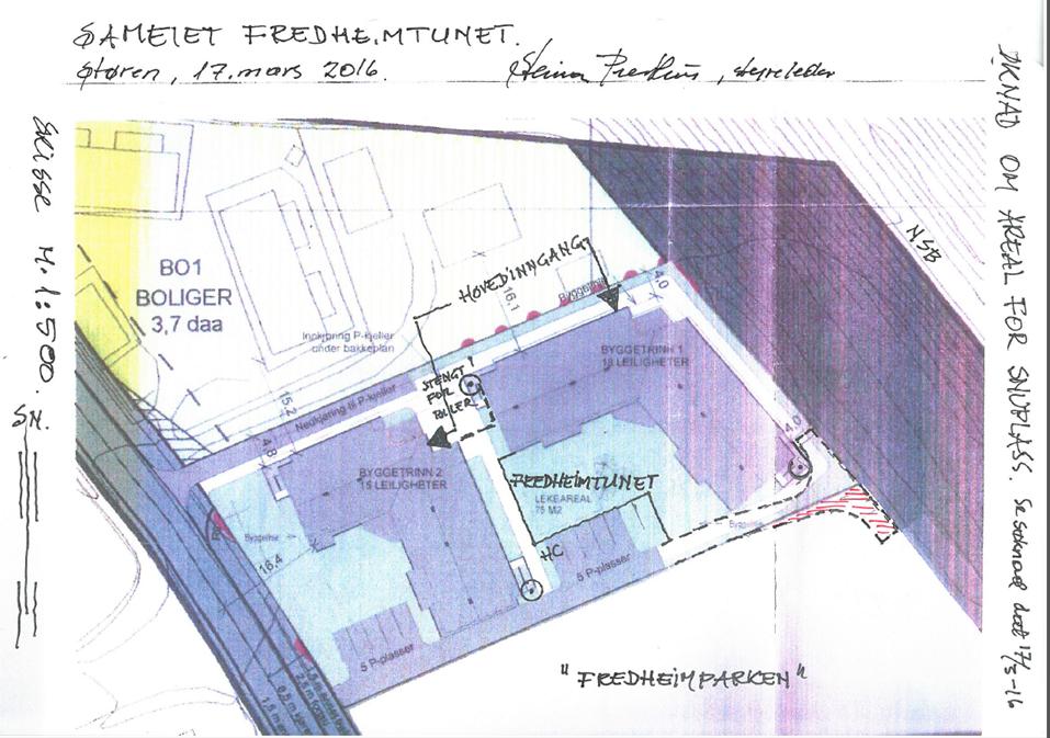 Figur 1: Skisse fra sameiet Fredheimtunet med ønsket plassering av snuhammer Vegen langs parkarealet på sameiets eiendom er smal.