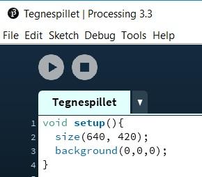 Steg 2: Tegne med sirkel! Vi lager en ny metode som vi kaller draw, denne skal også være void. Gjør dette: Skriv denne koden: void draw(){ } Start programmet og se at det kjører.