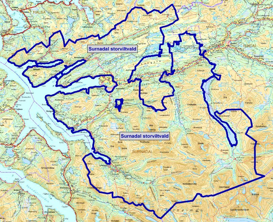 Beskrivelse av Surnadal storviltvald og hjorteviltområder.