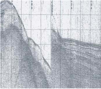 glasimarine sedimenter GU 0201006 20 21 25 ms twt bunn holocen Figur 4. Utsnitt av seismisk profil 0201006 (boomer) (jmf. figur 2 for lokalisering).
