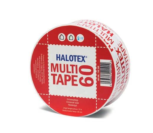 HALOTEX MULTITAPE 60/100 TAK VEGG HALOTEX Multi Tape 60/100 benyttes for å sikre lufttette overganger mellom undertak, vind- og dampsperre, og andre bygningsdeler.