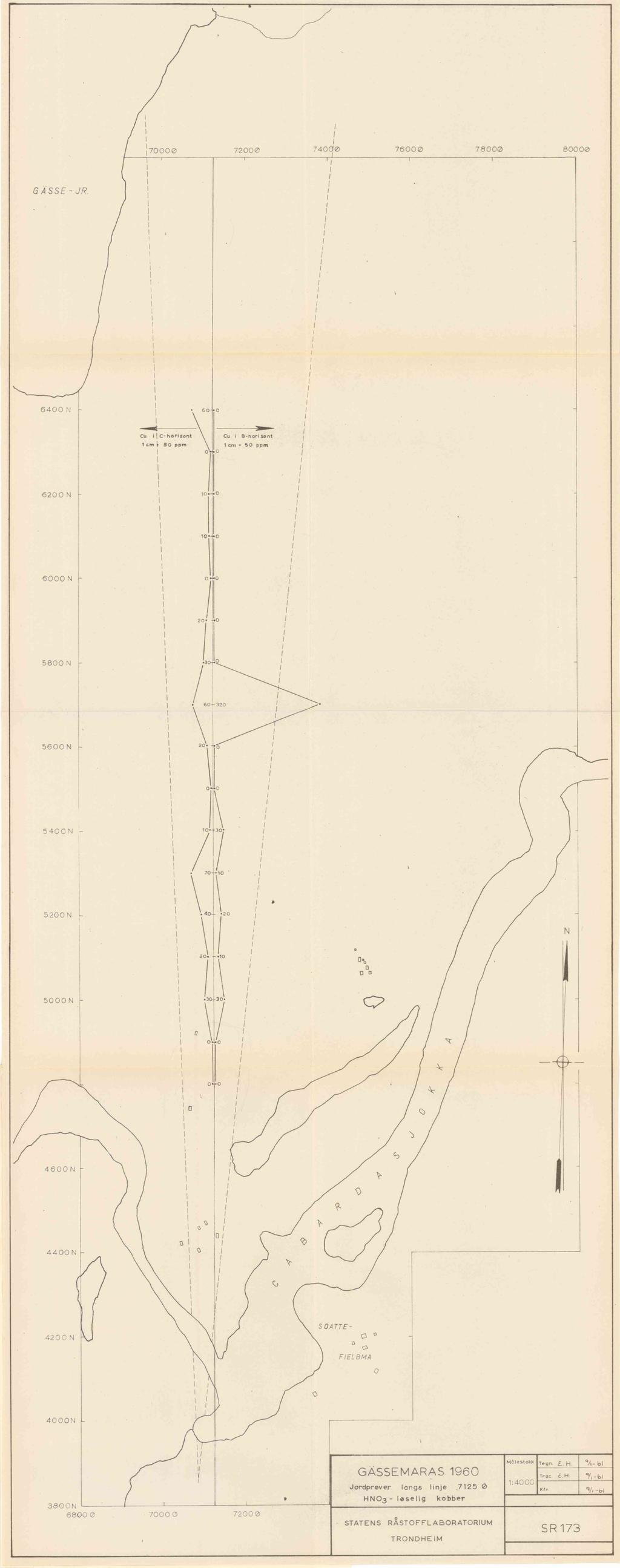 76000 170000 72000 7400Ø 78000 80000 GASSE - JR 6400 60 0 Cu i C- horisont icp,ik SO PPrn Cu i 13-nori Sont 1cm 50 ppm 6200 N 10. - 0 10.4.0 6000 N 20. 5800 N.304.0 60-320 5600 N 20. 5400 N - 10.