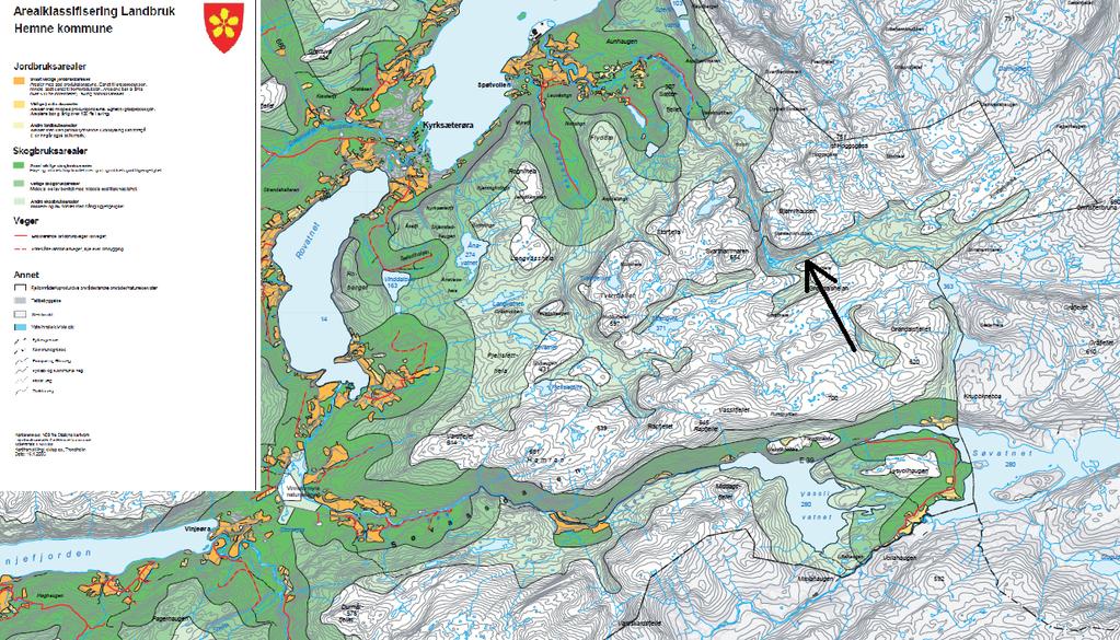 I følge temakart Arealklassifisering Landbruk berører tiltaksområdet et areal som betegnes som «annet skogbruksareal». Utsnitt fra kommunens temakart «Arealklassifisering Landbruk».