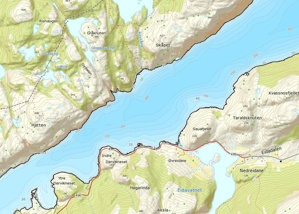 Lysefjorden er ca 1,4 km brei ved lokaliteten, og fjorden djupnast jamt mot nordnordvest frå lokaliteten til ca 339 m djup om lag 850 m nordvest for Eiane (figur 2).