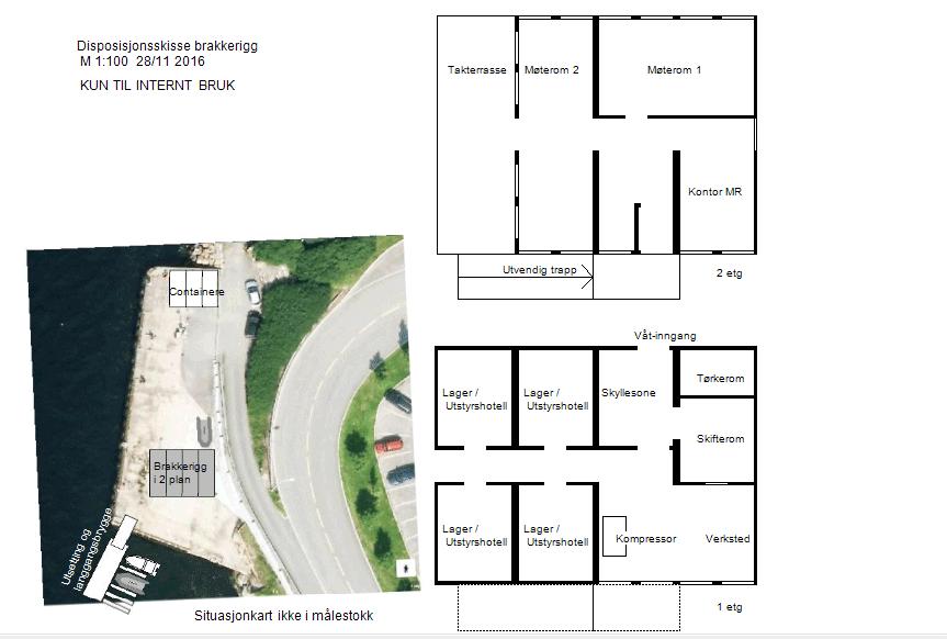 Tenkt utnyttelse Følgende elementer er tenkt plassert på brygga: 7 brakkeelementer, i 2 plan 2 4 containere til eksternt lager Kaikran og 2 mindre dykkebåter på traller som kan sjøsettes fra brygga.