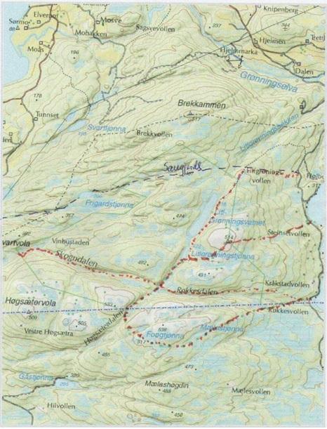 Figur 11: Kart med stier med tradisjon for rydding, samt sauegjerdet i nordlige del av området (www.godtur.no) 6 SAKSBEHANDLING 6.