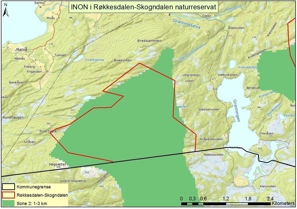 Figur 3: Kartet viser INON-områder i Røkkesdalen-Skogndalen. Det grønne betyr at man er mellom 1-3 km unna tyngre tekniske inngrep. 2.