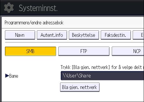 Grunnleggende fremgangsmåte ved bruk av skann til mappe Hvis nettverket ikke tillater automatisk henting av IP-adresse, må du inkludere destinasjonsdatamaskinens IP-adresse i banen.