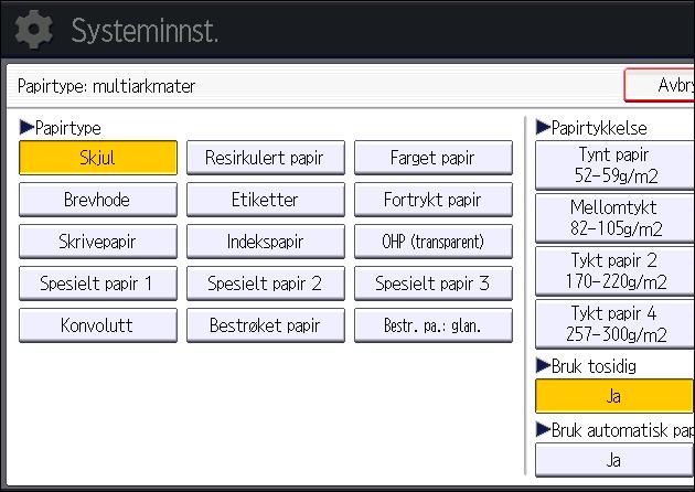 Legge papir i multiarkmateren 8. Trykk på [OK]. 9. Lukk skjermvisning for opprinnelige innstillinger. Ved bruk av standard kontrollpanel Trykk på [Brukerverktøy/telleverk]-tasten.