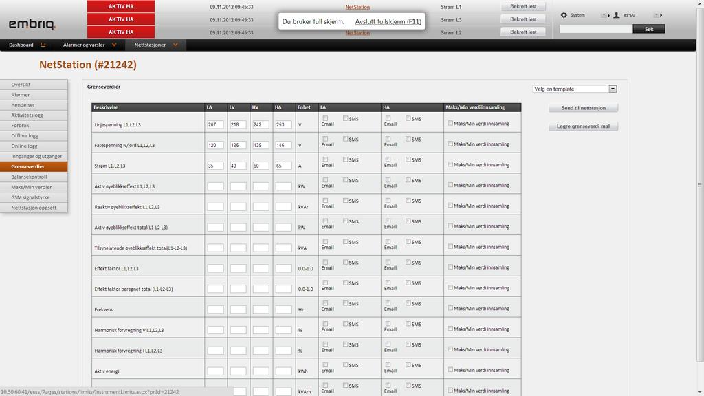 Embriq Grid 2 Bruker manual Side 26 6.9 Grenseverdier: I dette bildet kan man konfigurere grenseverdier for nettstasjonen.