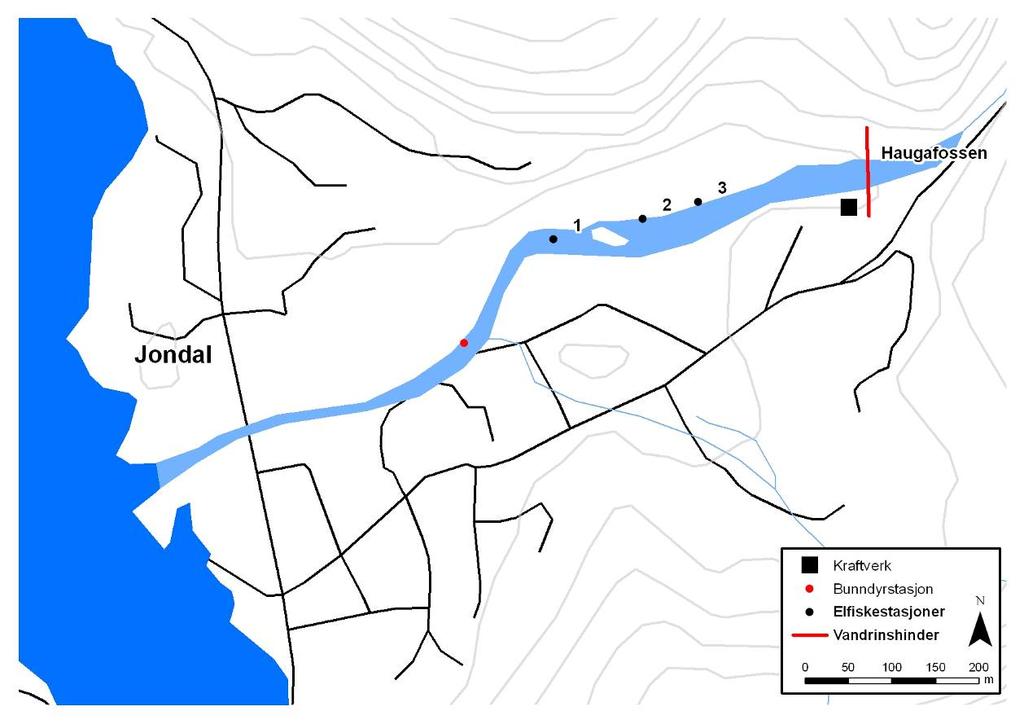 6 Jondalselva 6.1 Beskrivelse av vassdraget Jondalselva (NVE vassdragsnr. 047.2Z) renner ut i midtre deler av Hardangerfjorden, i Jondal sentrum.