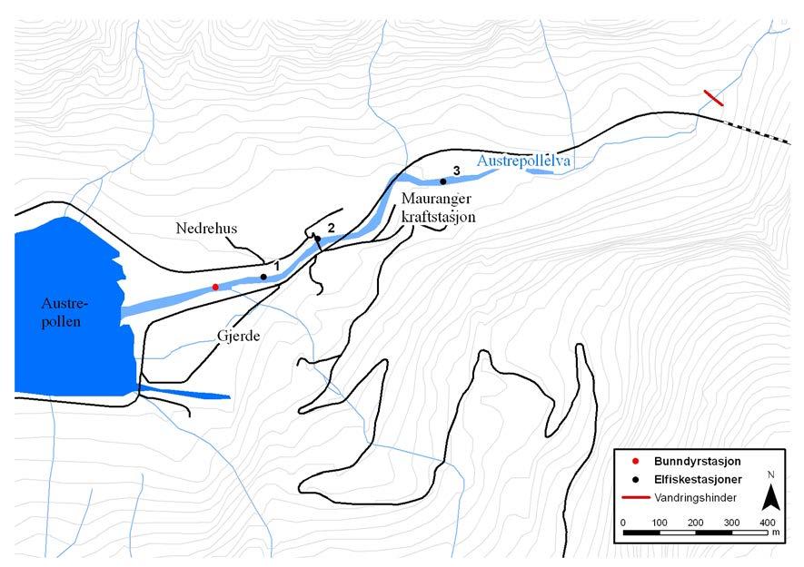 8 Austrepollelva 8.1 Beskrivelse av vassdraget Austrepollelva (NVE vassdragsnr. 046.32Z) renner ut i Austrepollen i Hardangerfjorden og har sitt utspring fra fjellområdene ved Folgefonna.