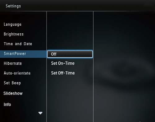 3 Velg [Set On-Time] / [Set Off-Time], og trykk Velg [Off], og trykk deretter på OK for å slå av SmartPower-funksjonen.