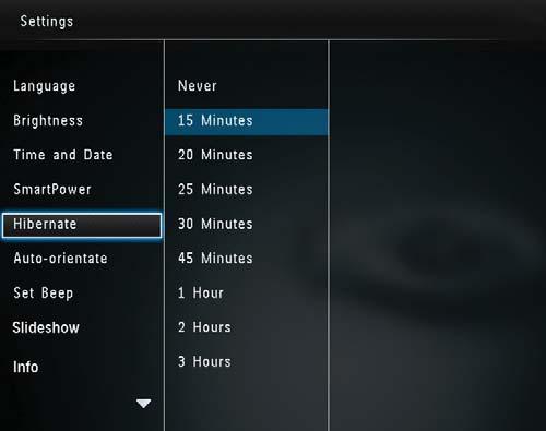 Sette PhotoFrame i dvale 1 Velg [Settings] på startskjermen, og trykk Når du vil få PhotoFrame ut av dvalen, trykker du på. 2 Velg [Hibernate], og trykk deretter på OK.