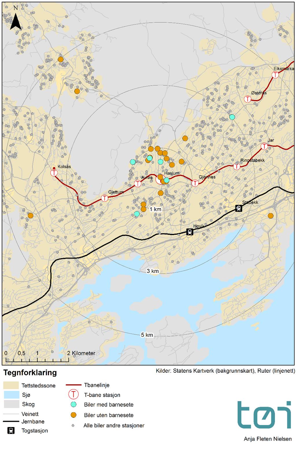 3.4.4 Haslum T Haslum T (figur 6) har innfartsparkeringen med den høyeste andelen av parkerte biler med kort reiseavstand målt i luftlinje til stasjonen.