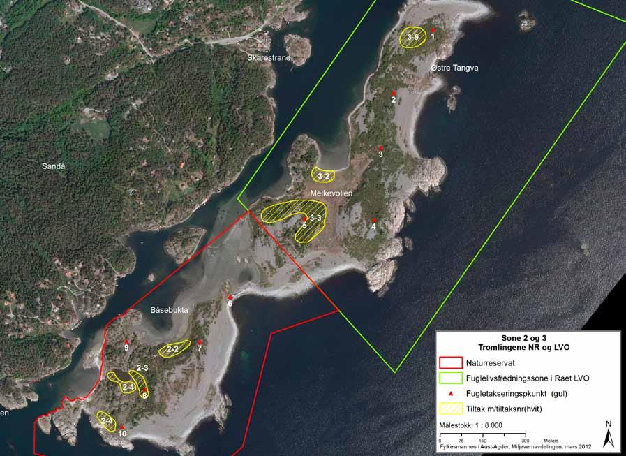 5: FORVALTNINGSMÅL OG BEVARINGSMÅL, TILTAK OG RETNINGSLINJER Kart 6: Oversikt over tiltak på Tromlingene (naturreservatet og