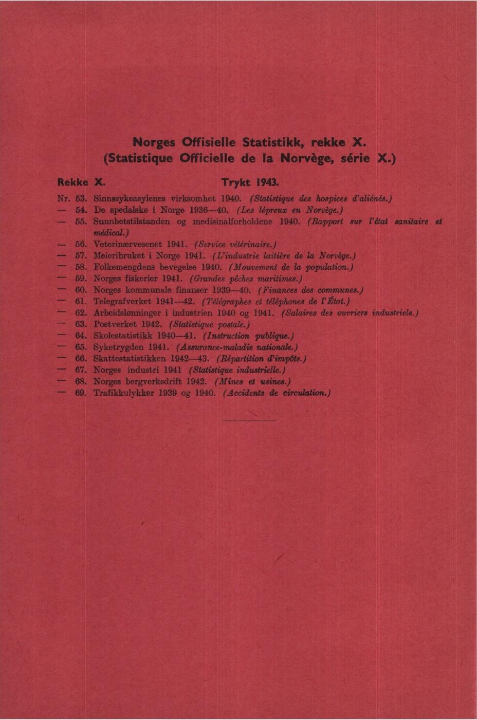 orges Offisielle Statistikk, rekke X (Statistique Officielle de la orvége, série X) Rekke X Trykt 1943 r 53 Sinnssykeasylenes virksomhet 194 (Statistique des hospices d'aliénes) 54 De spedalske i