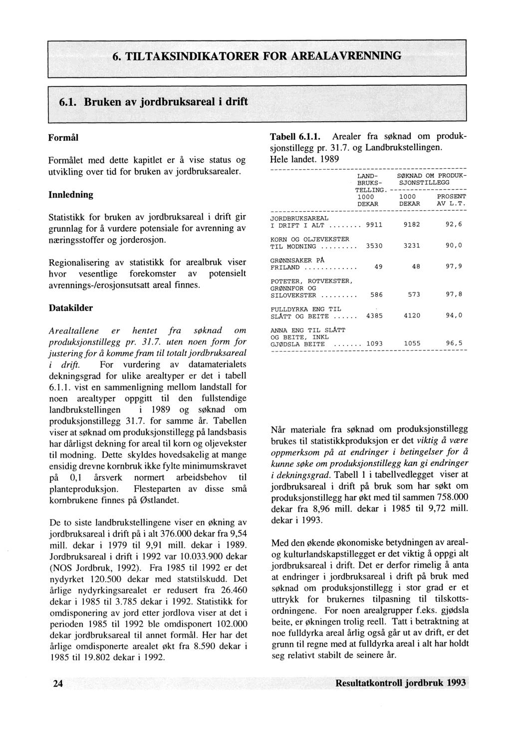 6.1. Bruken av jordbruksareal i drift Formål Formålet med dette kapitlet er å vise status og utvikling over tid for bruken av jordbruksarealer.