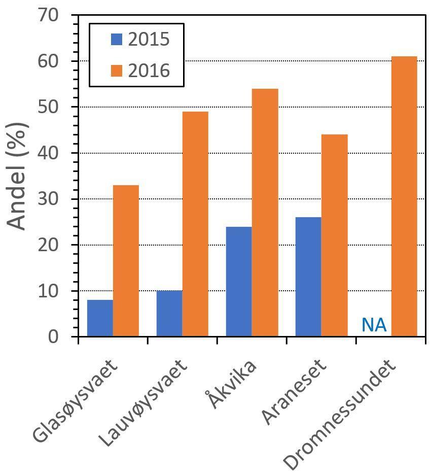 25 Figur 22. Andel torskeyngel mindre enn 22,5 cm lengde (0-gruppe og 1-gruppe) av den totale fangsten i rusene i 2015 og 2016. NA: data ikke tilgjengelig. torsk. Ut fra dette kan det tilsynelatende se ut som om det har vært en god årsklasse i hele regionen, med økt rekruttering fra gytingen i 2015.