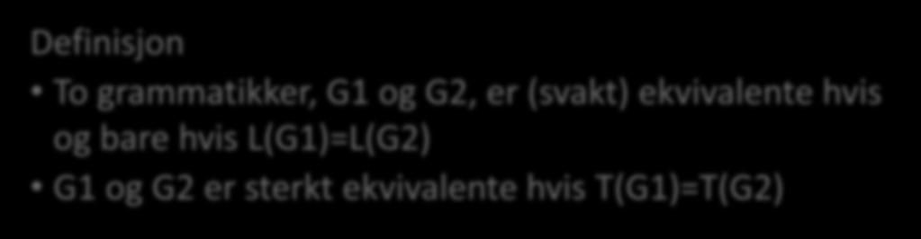 Ekvivalens Definisjon To grammatikker, G1 og G2, er (svakt) ekvivalente hvis og bare