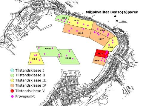 MILJØTEKNISK SEDIMENT-UNDERSØKELSE 15 Figur 9. Miljøkvalitet i sedimentene mhp. organiske miljøgifter, samt innhold av olje (THC) utenfor kaianleggene i Hammerfest havn.