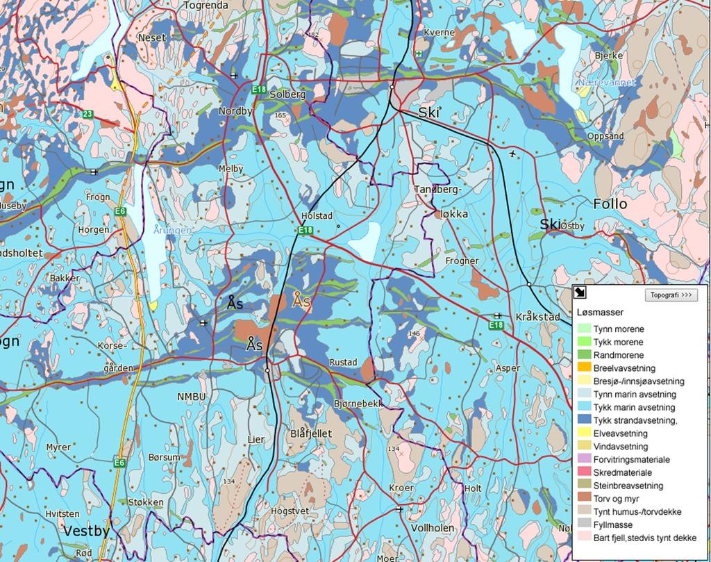 2.1.2 Løsmasser Løsmassene man finner over berggrunnen i Ås og Ski koune ble hovedsakelig avsatt ved slutten av forrige istid, for ca. 12 350 til 11 000 år siden.