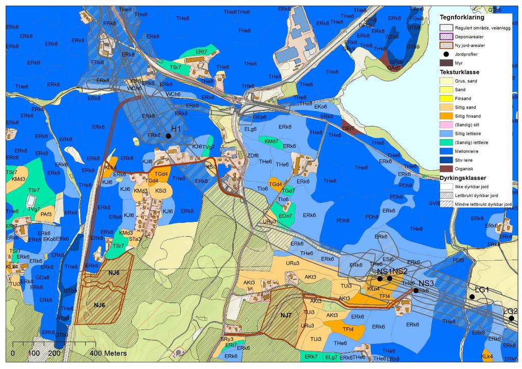 Figur C3: Jordsmonnskart Holstad-Gryteland med jordprofiler, Ny