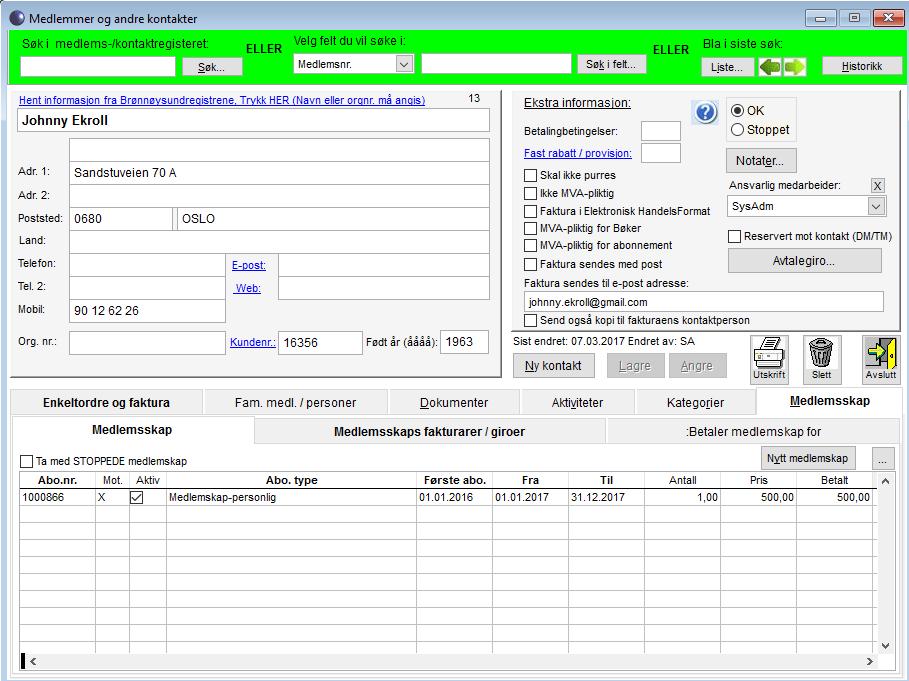 Medlems- og kontaktmodul Ved oppstart av systemet vil man komme rett inn i denne modulen, på siste medlem man var inne på.