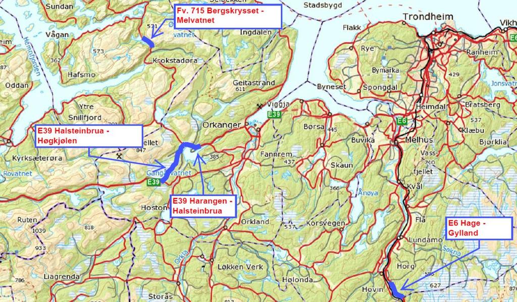 Det er valgt å gjennomgår fire prosjekter i denne oppgaven. Alle vegprosjektene ligger i Sør- Trøndelag, beliggenheten er vist i figur 4. De utvalgte prosjektene er: 1. E39 Harangen Halsteinbrua 2.