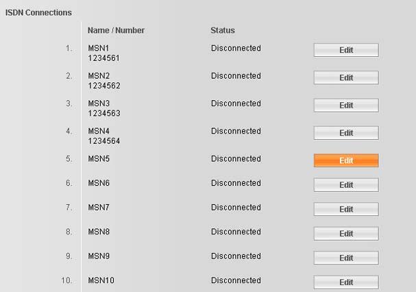 Telephony Connections: Konfigurere telefonens forbindelser Hvis du åpner websiden Settings Telephony Connections, ser du en liste med alle forbindelser (telefonnumre) som du kan konfigurere for