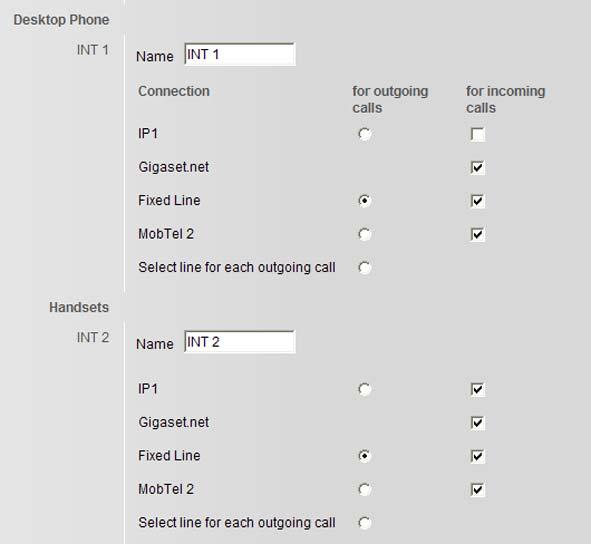 Tilordne mottaks-/sendeforbindelser til basetelefon/håndsett, endre interne navn Du kan tilordne så mange av forbindelsene du vil som mottaksforbindelser til basetelefonen og til hvert av håndsettene.