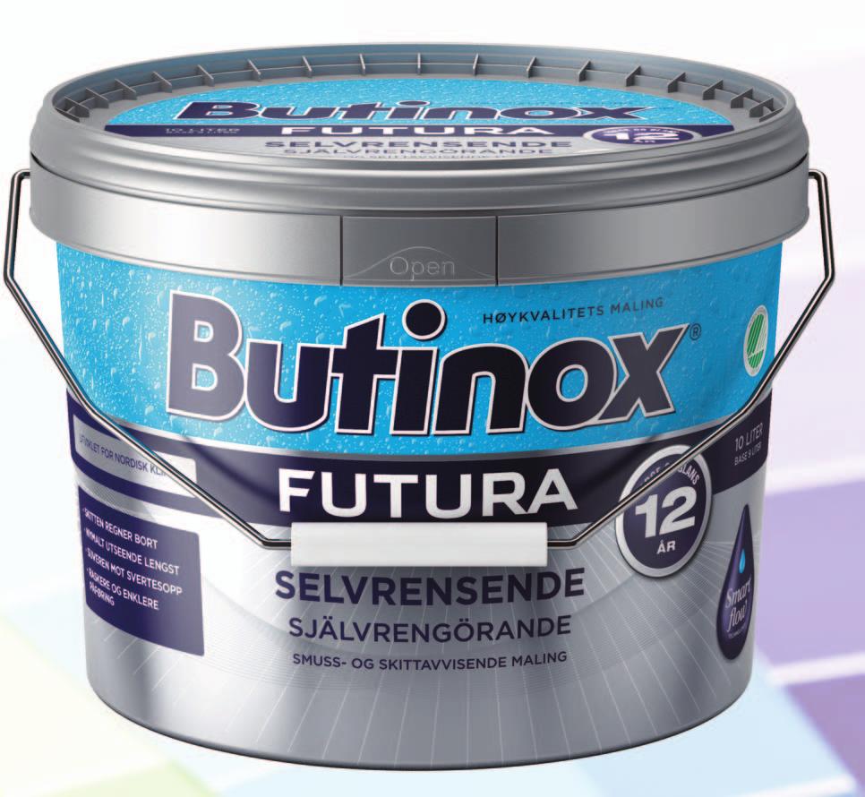 Butinox Futura Selvrensende 9L Butinox Futura Selvrensende er høy - teknologisk maling med selvrensende egenskaper som gir langvarig nymalt og rent utseende, samt effektiv beskyttelse mot sopp og