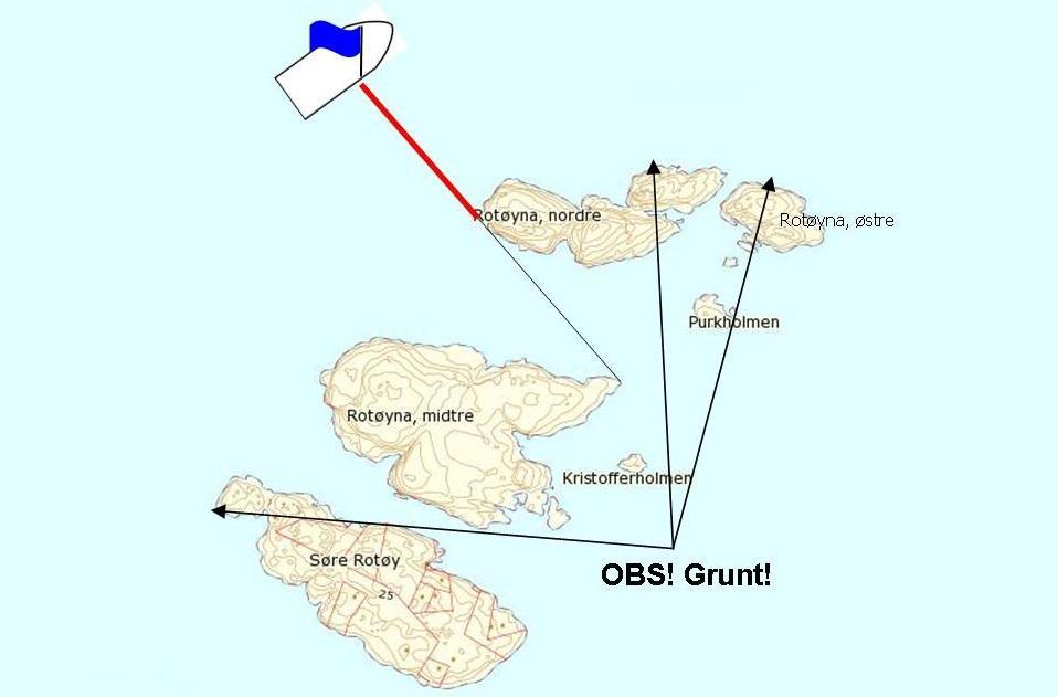 Ved runding Rotøyane om babord Målbåt ligger 300m NV for Nordre Rotøy med neset på Nordre Rotøy