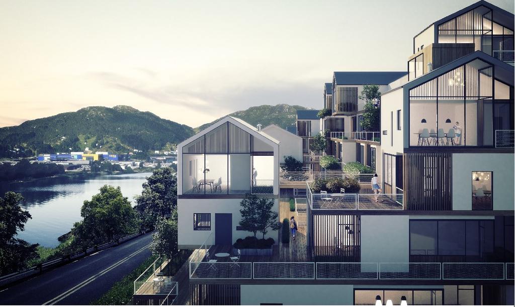 Bebyggelsen Bebyggelsen foreslås terrassert med varierende høyder opptil 8 etasjer (inkludert 2 parkeringskjellere) nedtrappet mot Liavegen.