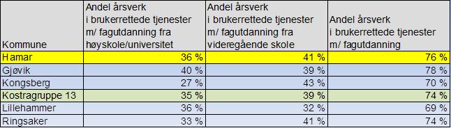 Kvalitet - Andel årsverk i brukerrettede tjenester m/ fagutdanning Hamar 73,0 % 76,0 % 74,0 % 76,0 % Ringsaker 74,0 % 75,0 % 73,0 % 74,0 % Lillehammer 77,0 % 76,0 % 68,0 % 69,0 % Gjøvik 80,0 % 80,0 %