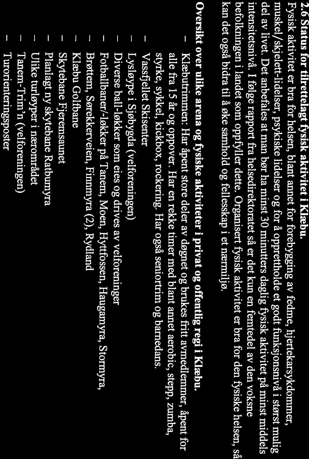 Klæbutrimmen: Vassfjellet Lysløype Diverse Brøttem, Klæbu Skytebane Ulike Tanem-Trim n 2.6 Status for tilrettelagt fysisk aktivitet i Klæbu.