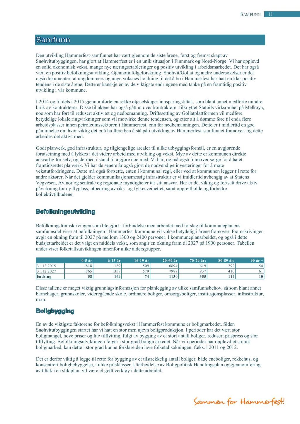 SAMFUNN 11 Denutvikling Hammerfest -samfunnetharvært gjennomdesisteårene,førstog fremstskaptav Snøhvitutbyggingen,hargjort at Hammerfester i enunik situasjoni Finnmarkog Nord-Norge.
