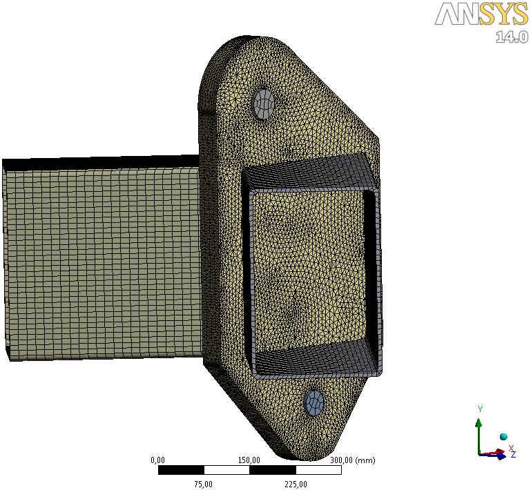 HenrikKåsinVangen,2012) Mastergradsoppgave 5.1.2 Verifikasjon)av)løfteørets)dimensjonering) Modellen) Figur 5.5. Skjermbilde fra ANSYS Workbench. Viser modellen og meshen brukt i FEM analysen.