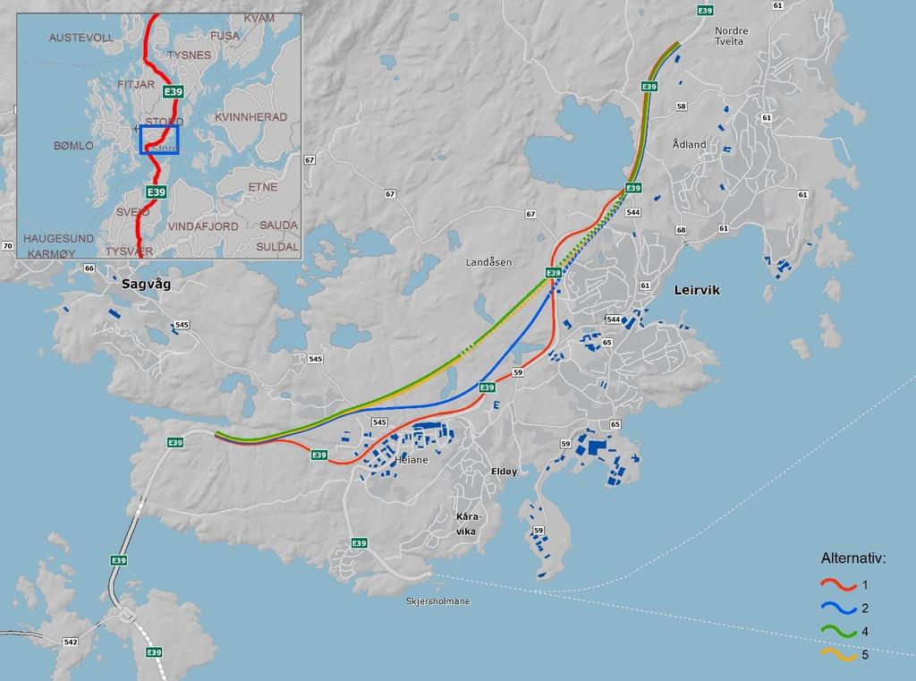 2 I samsvar med planprogrammet for prosjektet er det utgreidd fire alternative trasear for strekninga slik det er vist i kartet nedenfor.