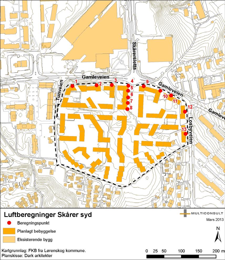 3.4 Beregningspunkter Konsentrasjonen er beregnet i 13 beregningspunkter, som alle er plassert ved fasader eller på planlagte uteområder ved planlagte bygg.