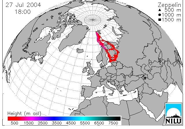 Figur 5.16: Figuren viser beregnede trajektorier med ankomst til Zeppelinstasjonen under prøvetaking av prøven for uke 31 med høyest γ-hch-verdi for 2004.