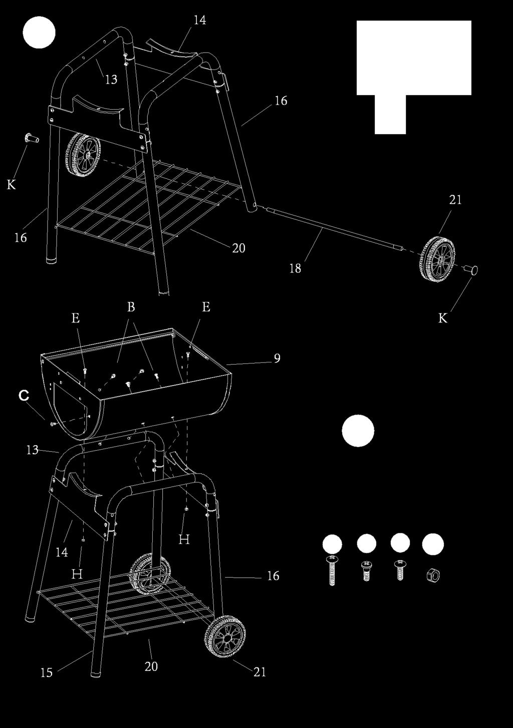 STEG 3. Skyv akselen (18) gjennom hullene i hjulbenet (16) og monter hjulene (21) med to M6 muttere (K) som vist på tegningen. STEG 4.