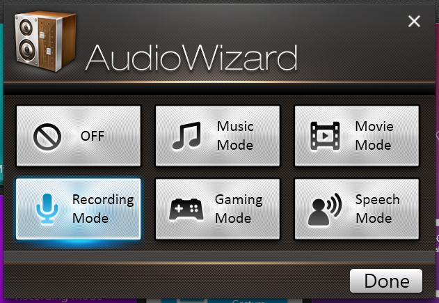Velg lydmodusen du ønsker å aktivere i AudioWizard-vinduet.