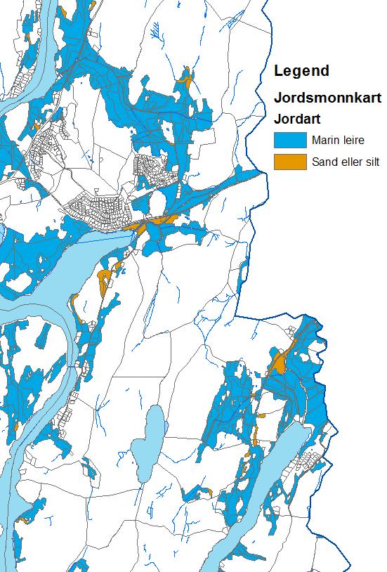 Jordart og avsetning I jordsmonnkart fra Skog+landskap Skiller mellom tre typer: Sand og silt