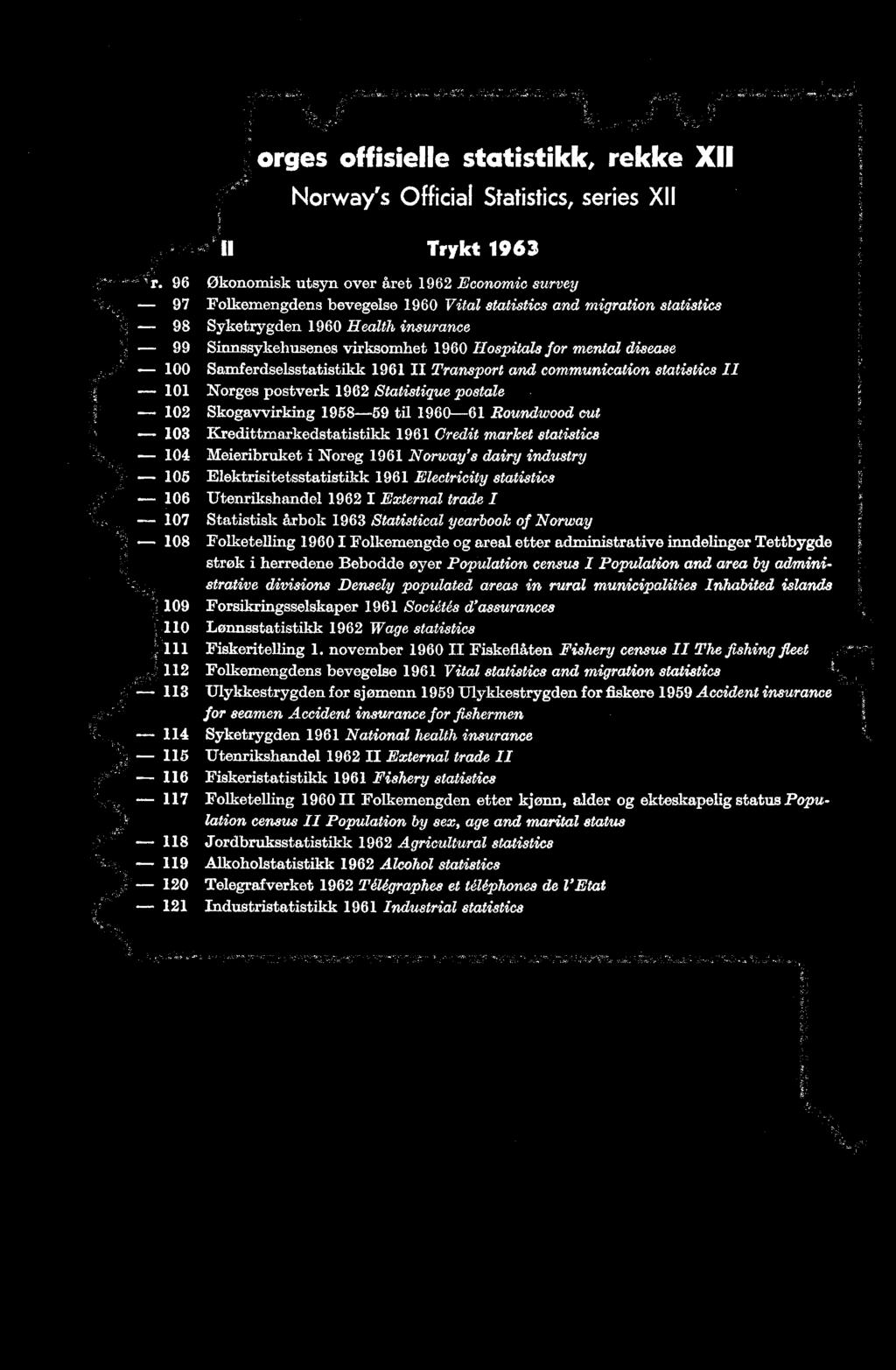 Utenrikshandel 1962 I External trade I 107 Statistisk lizbok 1963 Statistical yearbook of Norway 108 Folketelling 1960 I Folkemengde og areal etter administrative inndelinger Tettbygde strøk i