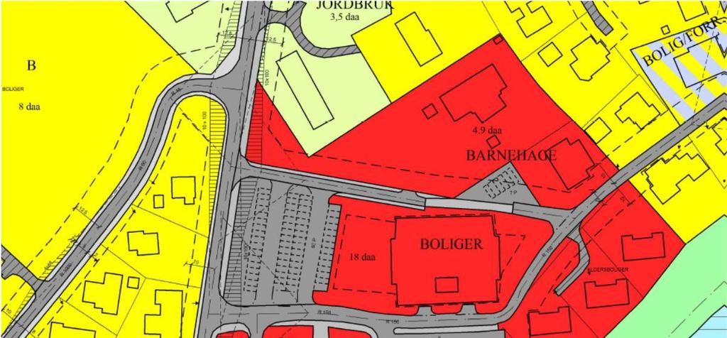 Planforslaget omfatter et totalt areal på ca. 29,5 daa, og er formålsregulert til henholdsvis bebyggelse og anlegg og samferdselsanlegg og teknisk infrastruktur.