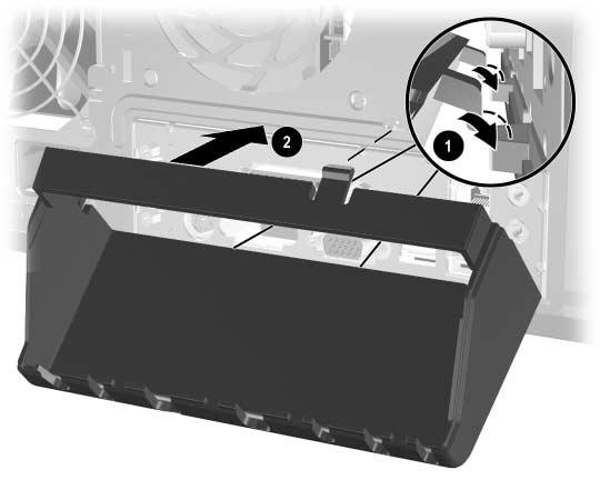 Sikkerhetsfunksjoner Portsikkerhetsbrakett Portsikkerhetsbraketten kan brukes til å sikre tilgangen til kablene som er koblet til datamaskinens bakpanel. Installere portsikkerhetsbraketten 1.