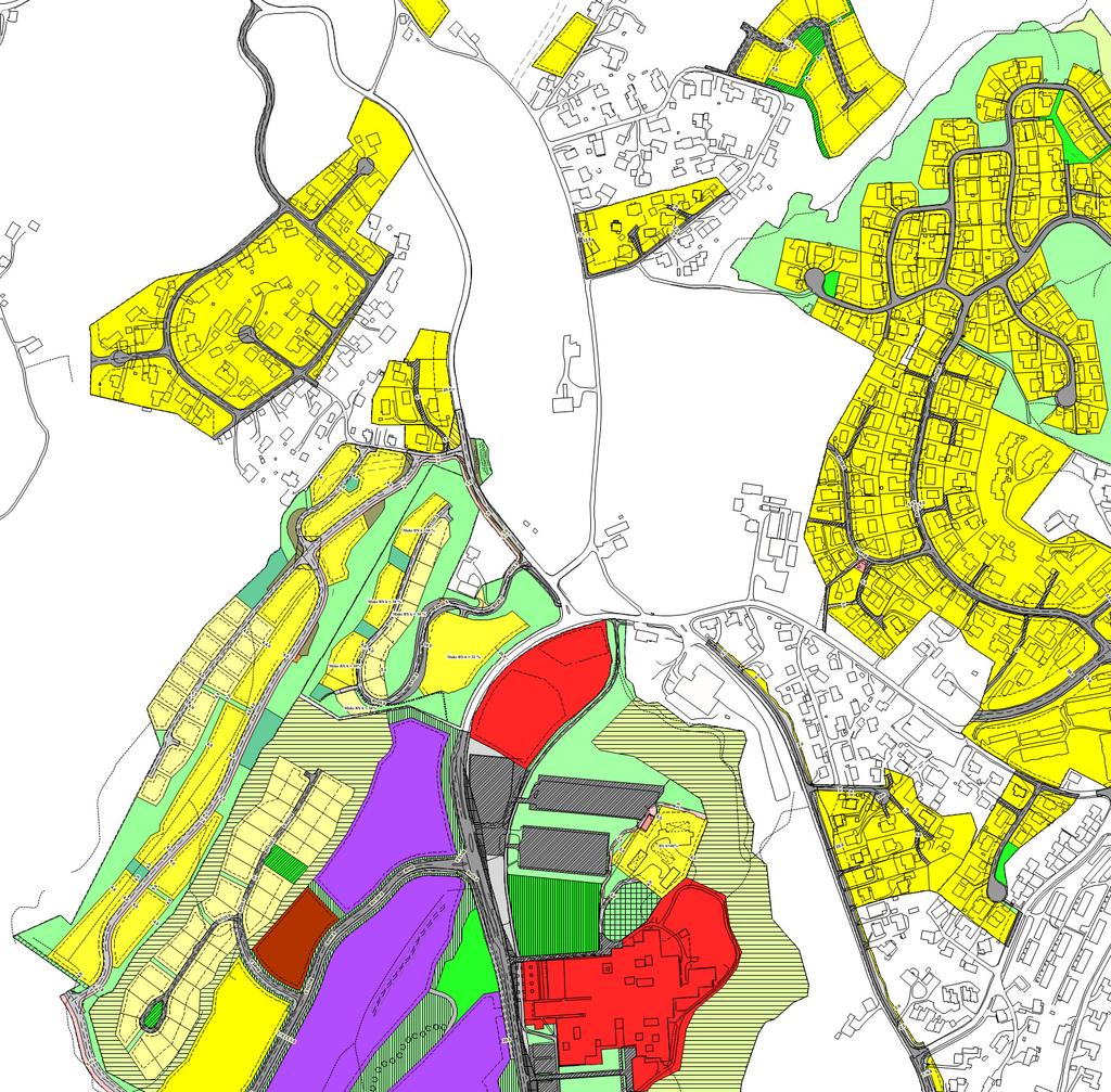 Utsnitt av kommuneplanens arealdel med planområdet i sentrum av kartet. 5.2 Godkjente reguleringsplaner Figur 8 viser en samstilling av vedtatte reguleringsplaner i området: 1.